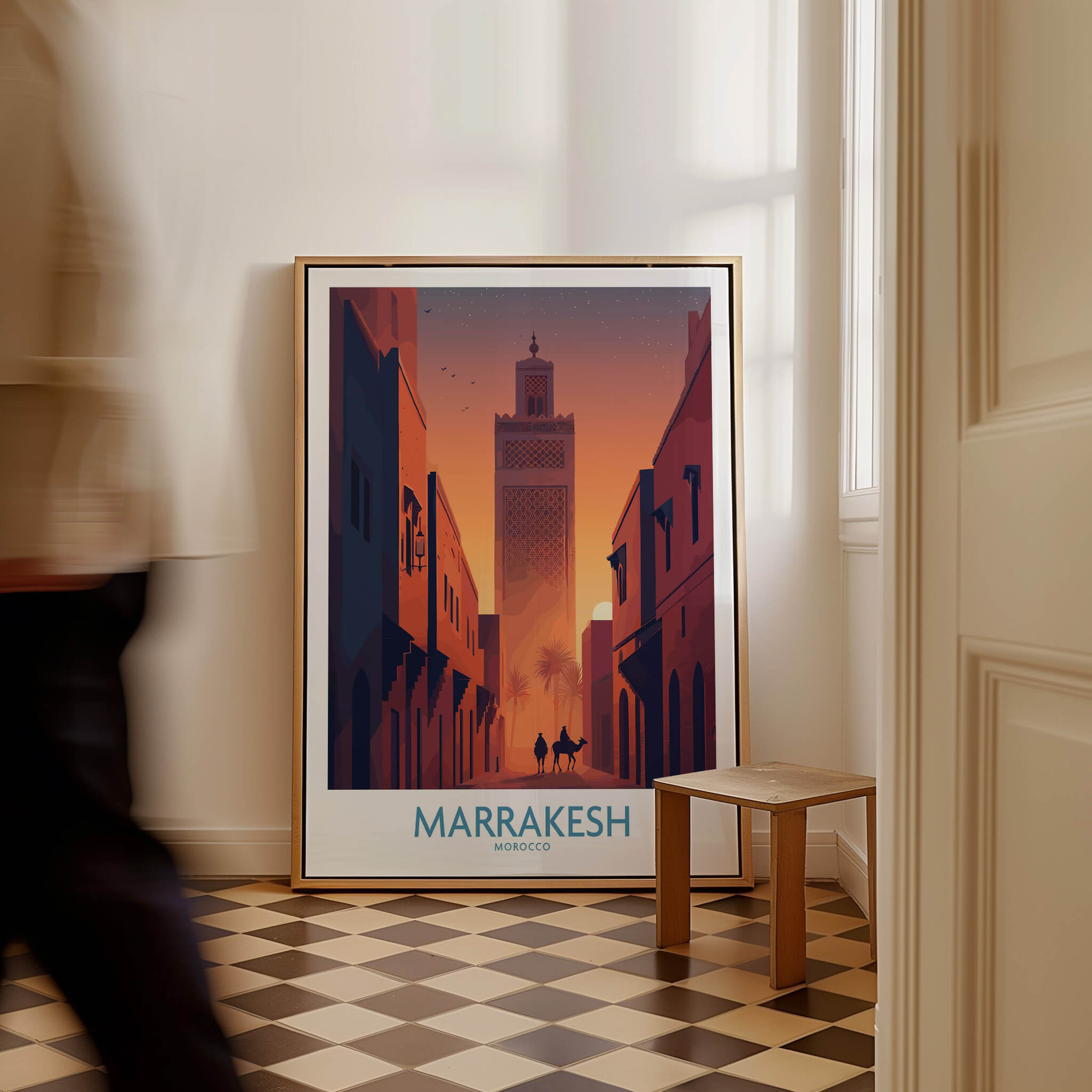 Marrakesh Morocco Canvas Print | Sunset Camels Poster featuring a stunning cityscape and vibrant sunset hues.