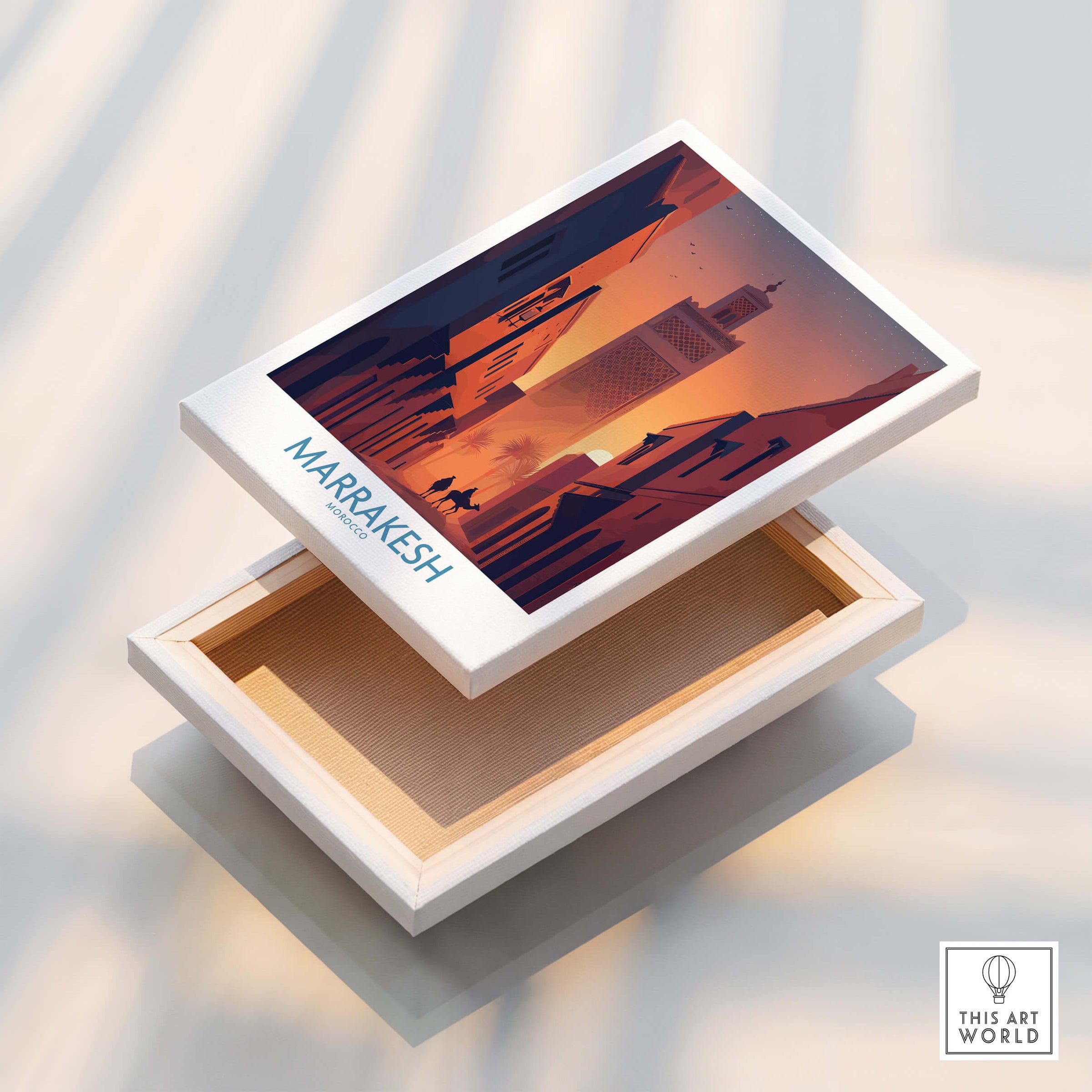 Marrakesh Morocco Canvas Print | Sunset Camels Poster displayed on decorative box.