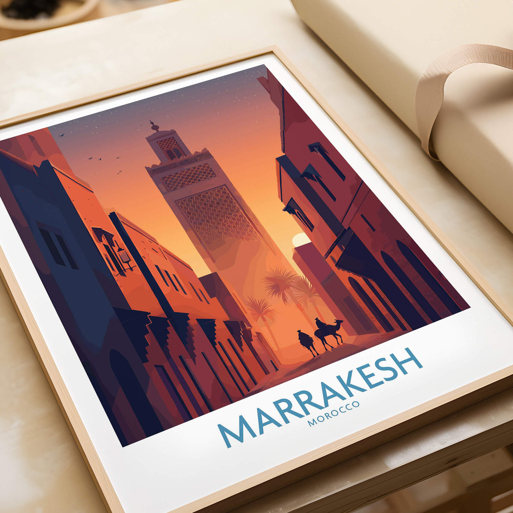 Marrakesh Morocco Canvas Print | Sunset Camels Poster showcasing a vibrant sunset silhouette with camels in the Moroccan streets.
