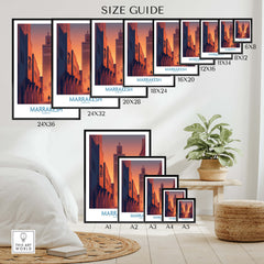Marrakesh Morocco Canvas Print | Sunset Camels Poster size guide showcasing various dimensions and framed options.