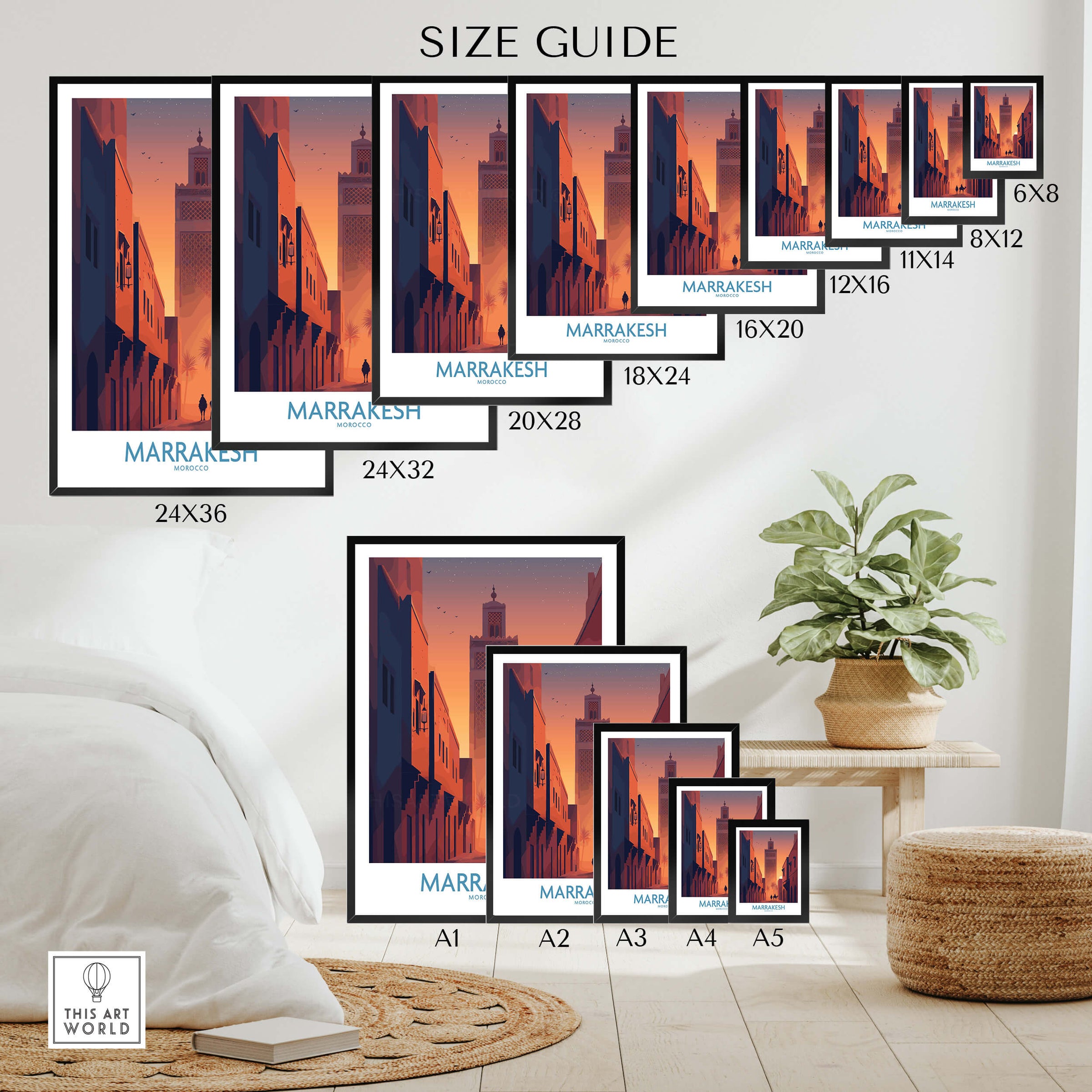 Marrakesh Morocco Canvas Print | Sunset Camels Poster size guide showcasing various dimensions and framed options.