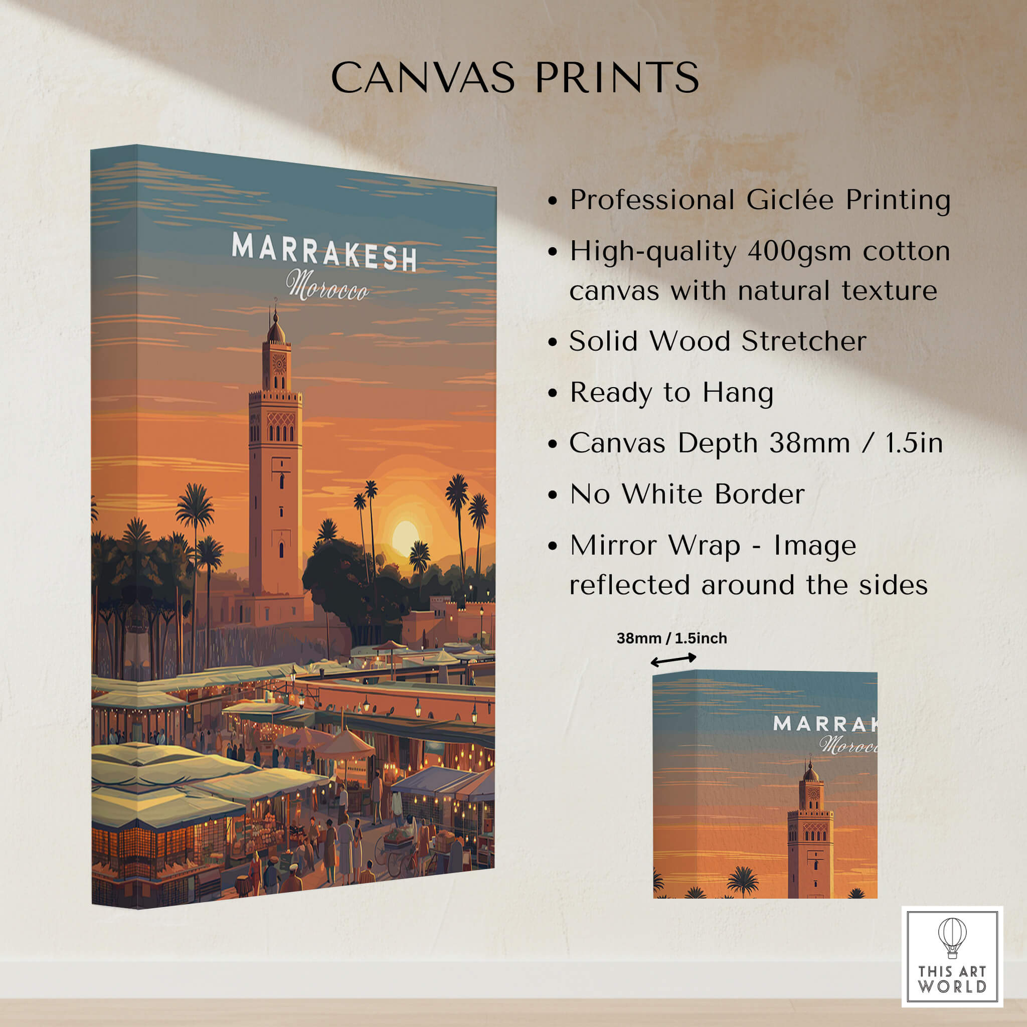 Marrakesh Morocco Travel Poster | Vibrant Souk & Mosque Wall Art Print showcasing colorful architecture and lively market scenes.