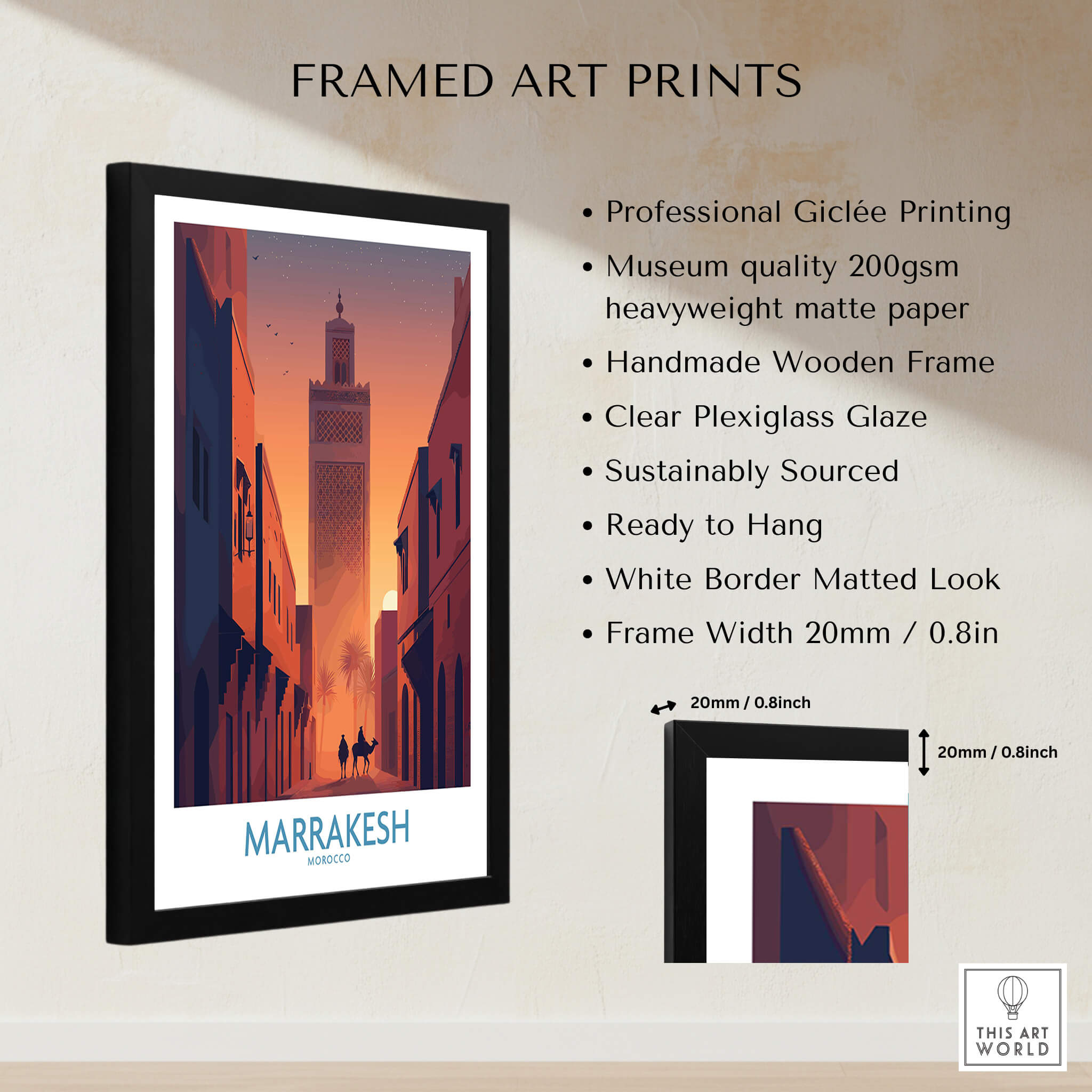 Marrakesh Morocco Canvas Print | Sunset Camels Poster framed art print showcasing giclée printing and a classic design.