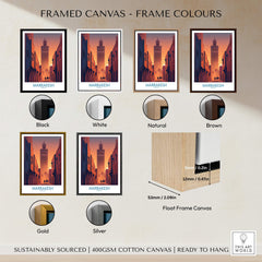 Marrakesh Morocco Canvas Print | Sunset Camels Poster with various frame color options including black, white, natural, brown, gold, silver.