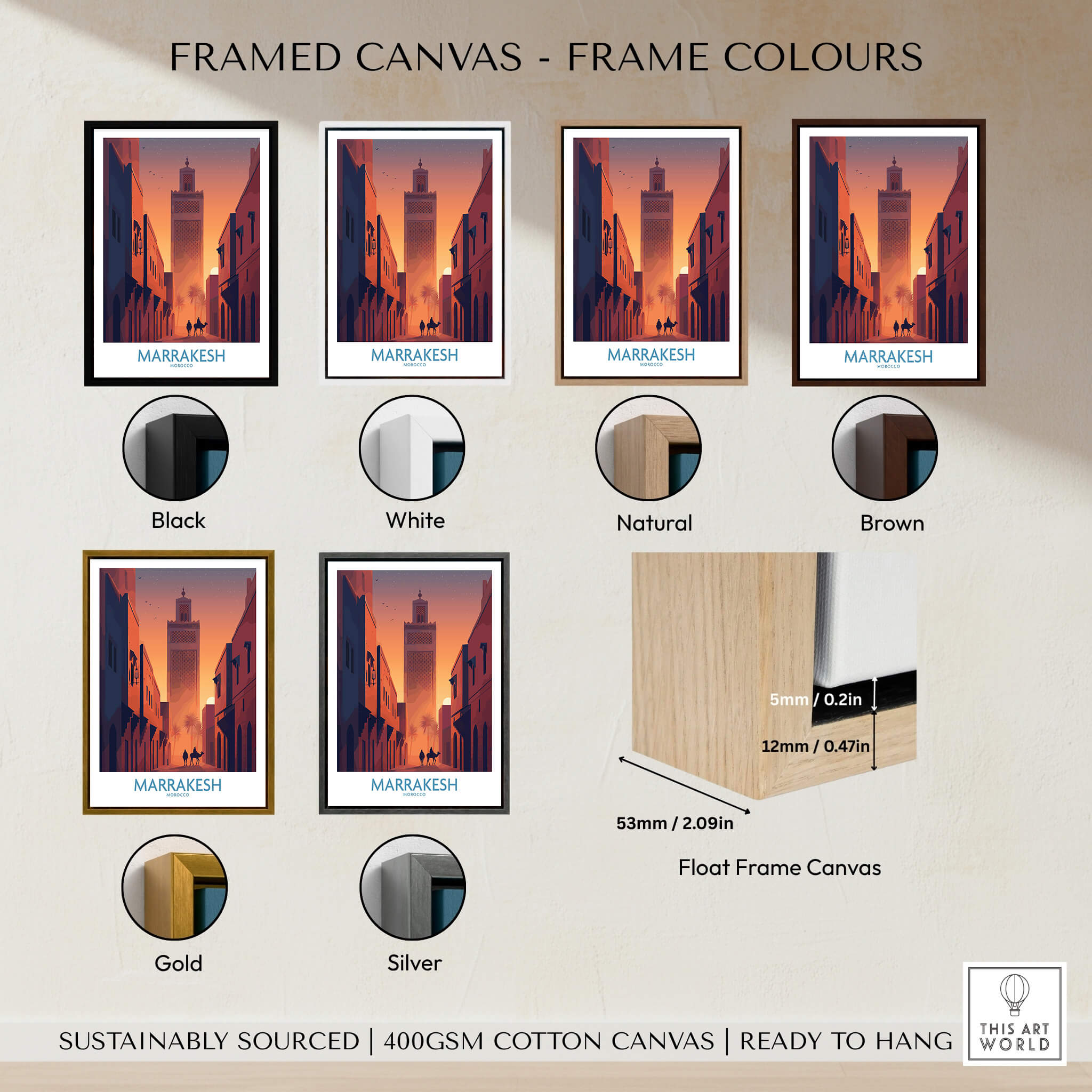 Marrakesh Morocco Canvas Print | Sunset Camels Poster with various frame color options including black, white, natural, brown, gold, silver.