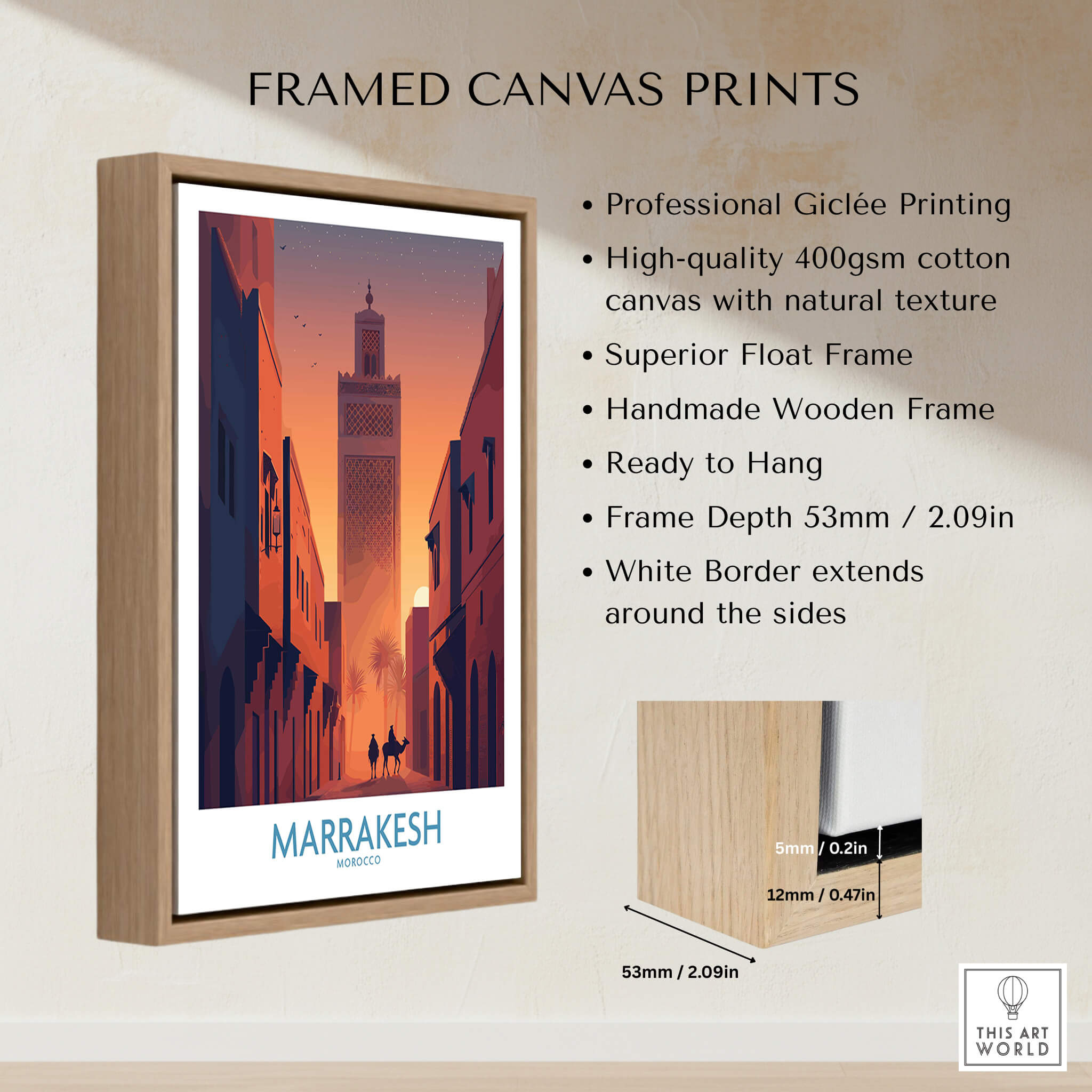 Marrakesh Morocco Canvas Print | Sunset Camels Poster framed with high-quality materials and ready to hang.