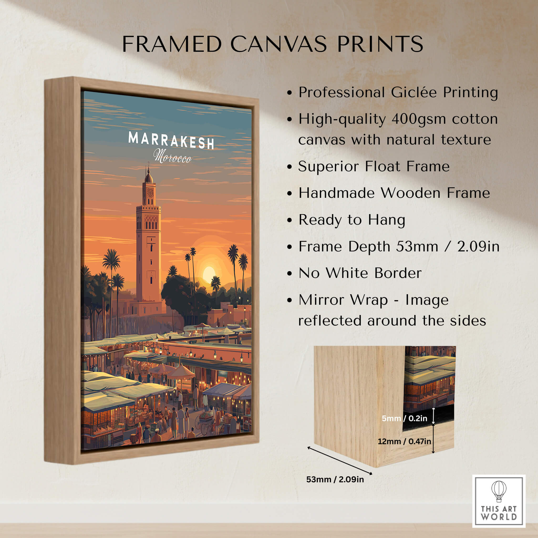 Marrakesh Morocco Travel Poster | Vibrant Souk & Mosque Wall Art Print displayed in a wooden frame.
