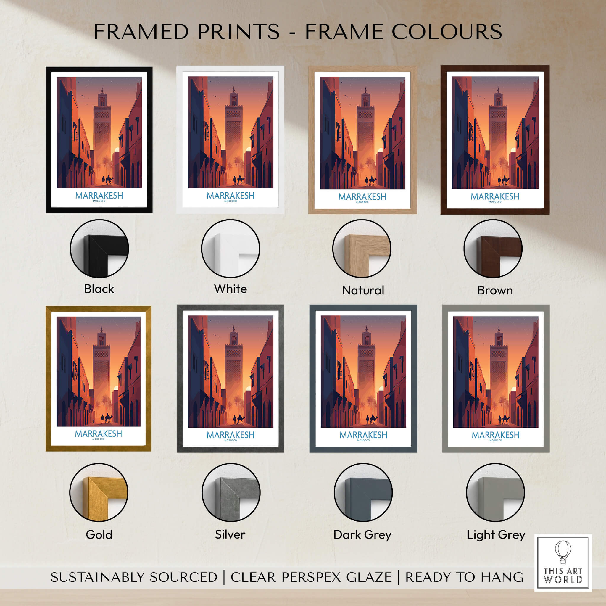 Marrakesh Morocco Canvas Print | Sunset Camels Poster framed print color options including black, white, natural, and brown.