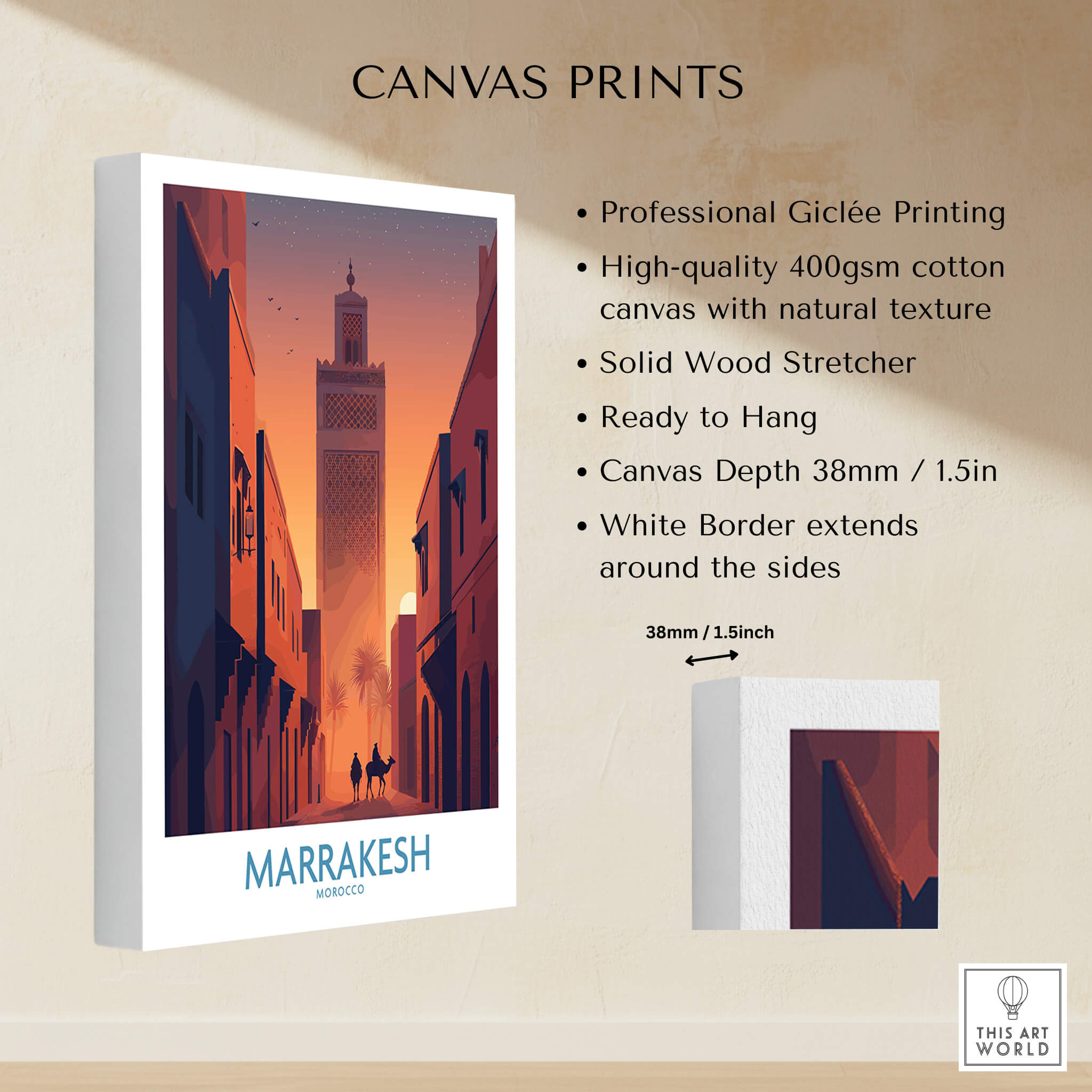 Marrakesh Morocco Canvas Print | Sunset Camels Poster showcasing vibrant colors and professional Giclée printing.