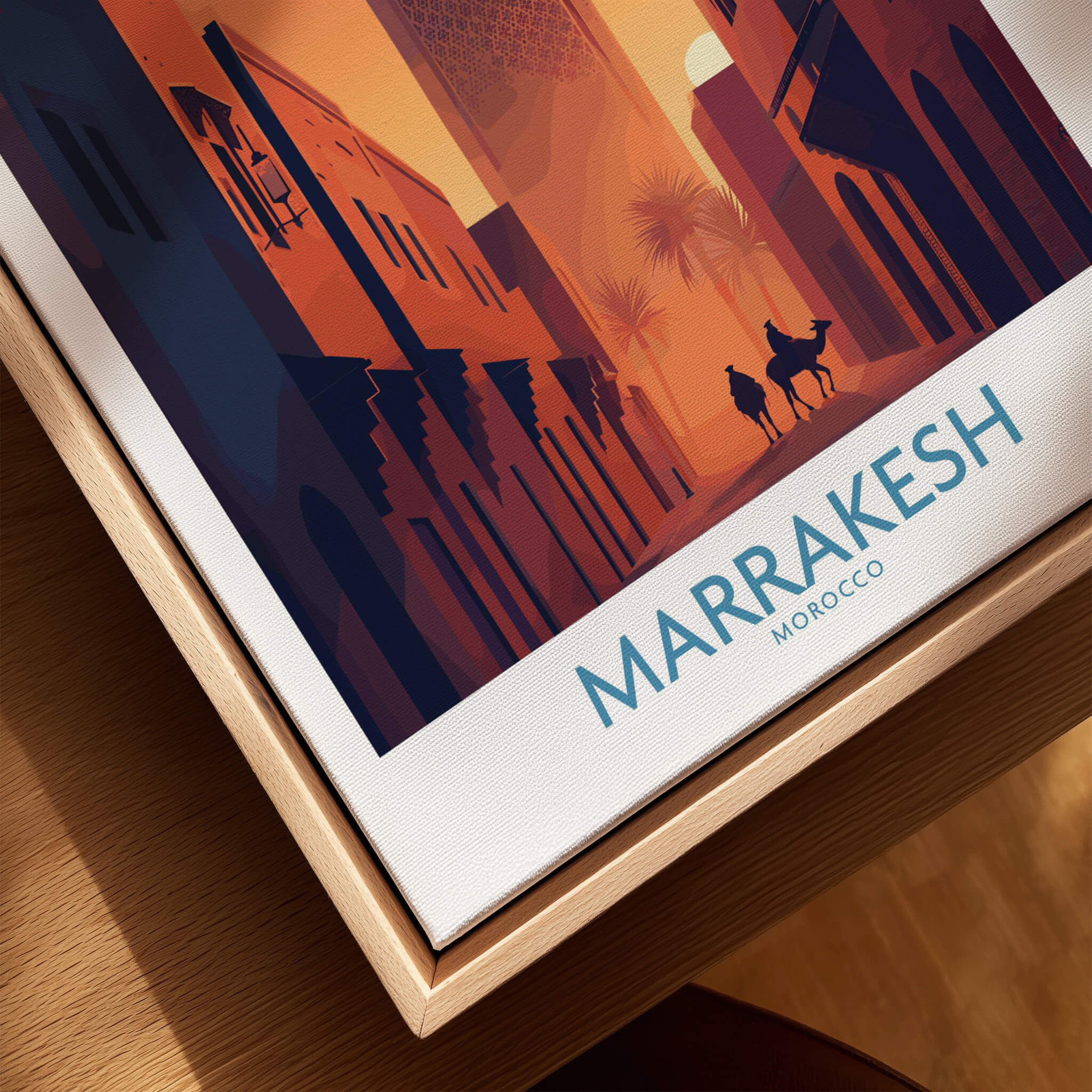 Marrakesh Morocco Canvas Print | Sunset Camels Poster featuring two camels in a vibrant cityscape.