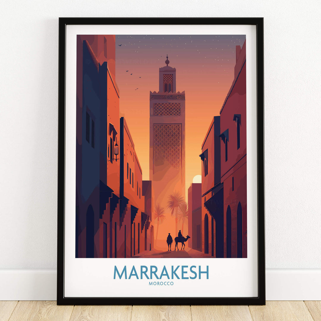 Marrakesh Morocco Canvas Print | Sunset Camels Poster showcases a vibrant cityscape silhouette at sunset.