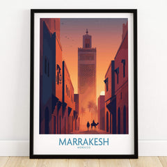 Marrakesh Morocco Canvas Print | Sunset Camels Poster showcases a vibrant cityscape silhouette at sunset.