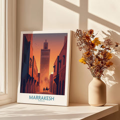 Marrakesh Morocco Canvas Print | Sunset Camels Poster displayed with warm natural lighting.