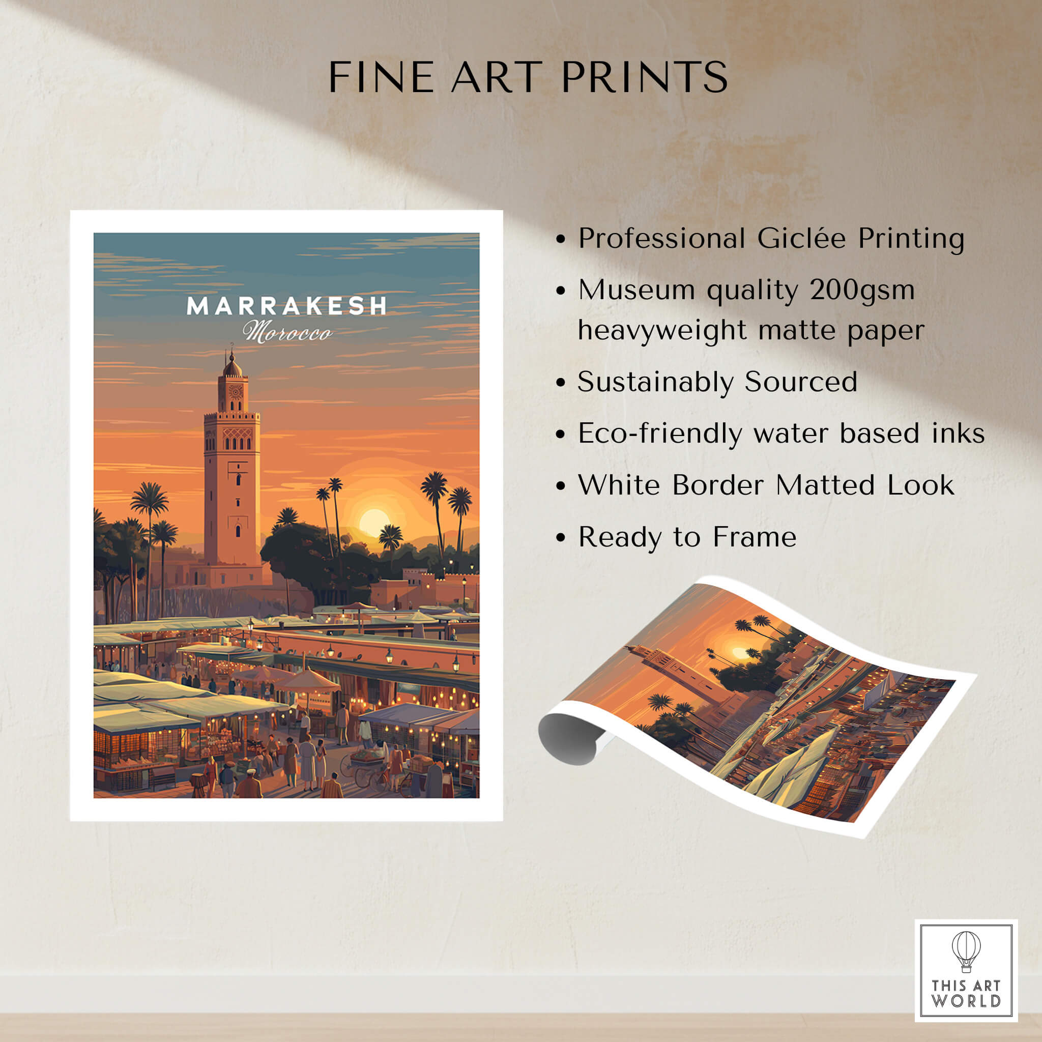 Marrakesh Morocco Travel Poster | Vibrant Souk & Mosque Wall Art Print showcasing professional Giclée printing and eco-friendly materials.