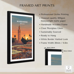 Marrakesh Morocco Travel Poster | Vibrant Souk & Mosque Wall Art Print framed art print with professional Giclée printing.