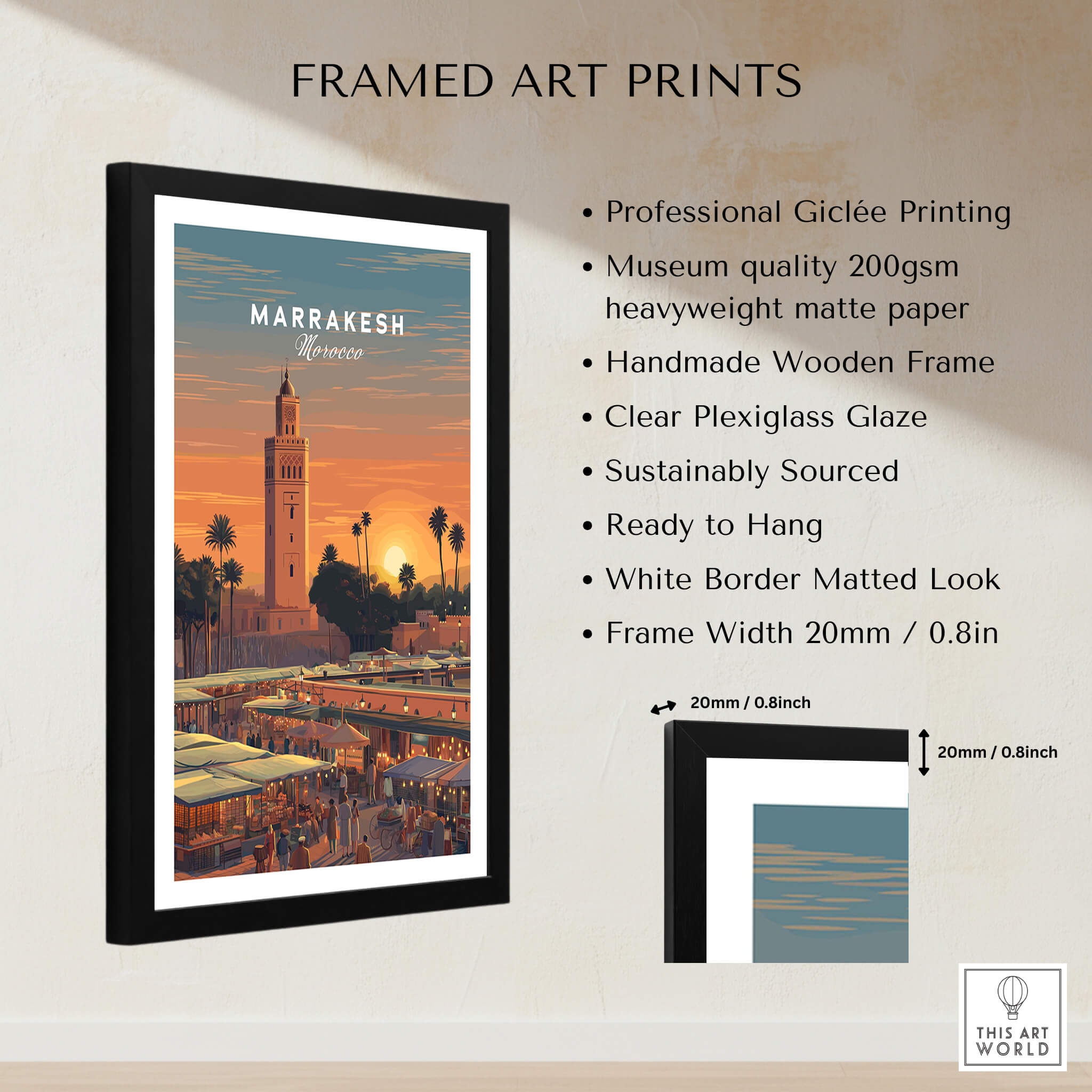 Marrakesh Morocco Travel Poster | Vibrant Souk & Mosque Wall Art Print framed art print with professional Giclée printing.