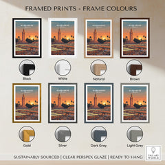 Marrakesh Morocco Travel Poster | Vibrant Souk & Mosque Wall Art Print options in various frame colors.