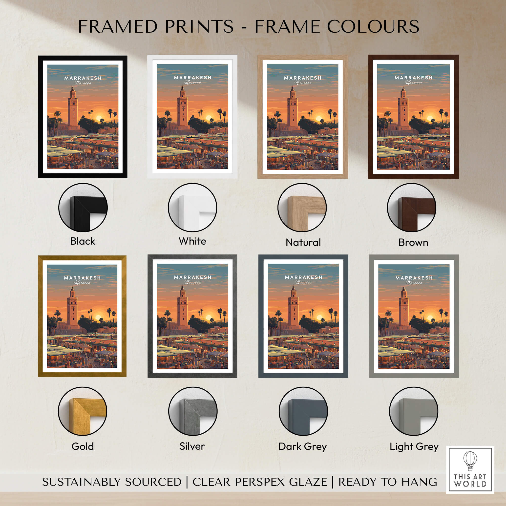 Marrakesh Morocco Travel Poster | Vibrant Souk & Mosque Wall Art Print options in various frame colors.
