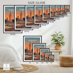 Marrakesh Morocco Travel Poster | Vibrant Souk & Mosque Wall Art Print size guide display with different frame sizes.