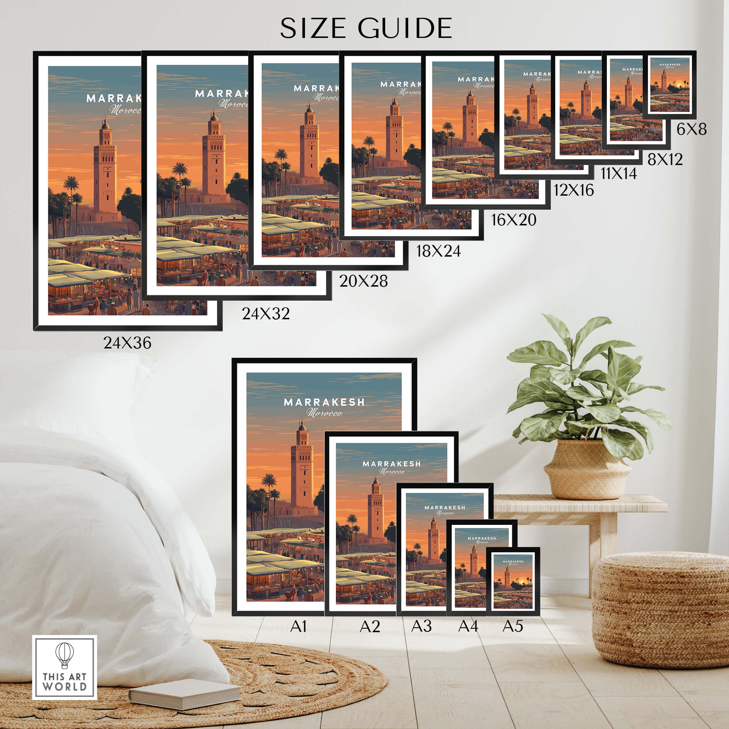Marrakesh Morocco Travel Poster | Vibrant Souk & Mosque Wall Art Print size guide display with different frame sizes.