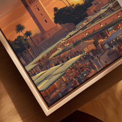Marrakesh Morocco Travel Poster | Vibrant Souk & Mosque Wall Art Print featuring a bustling market scene at sunset.