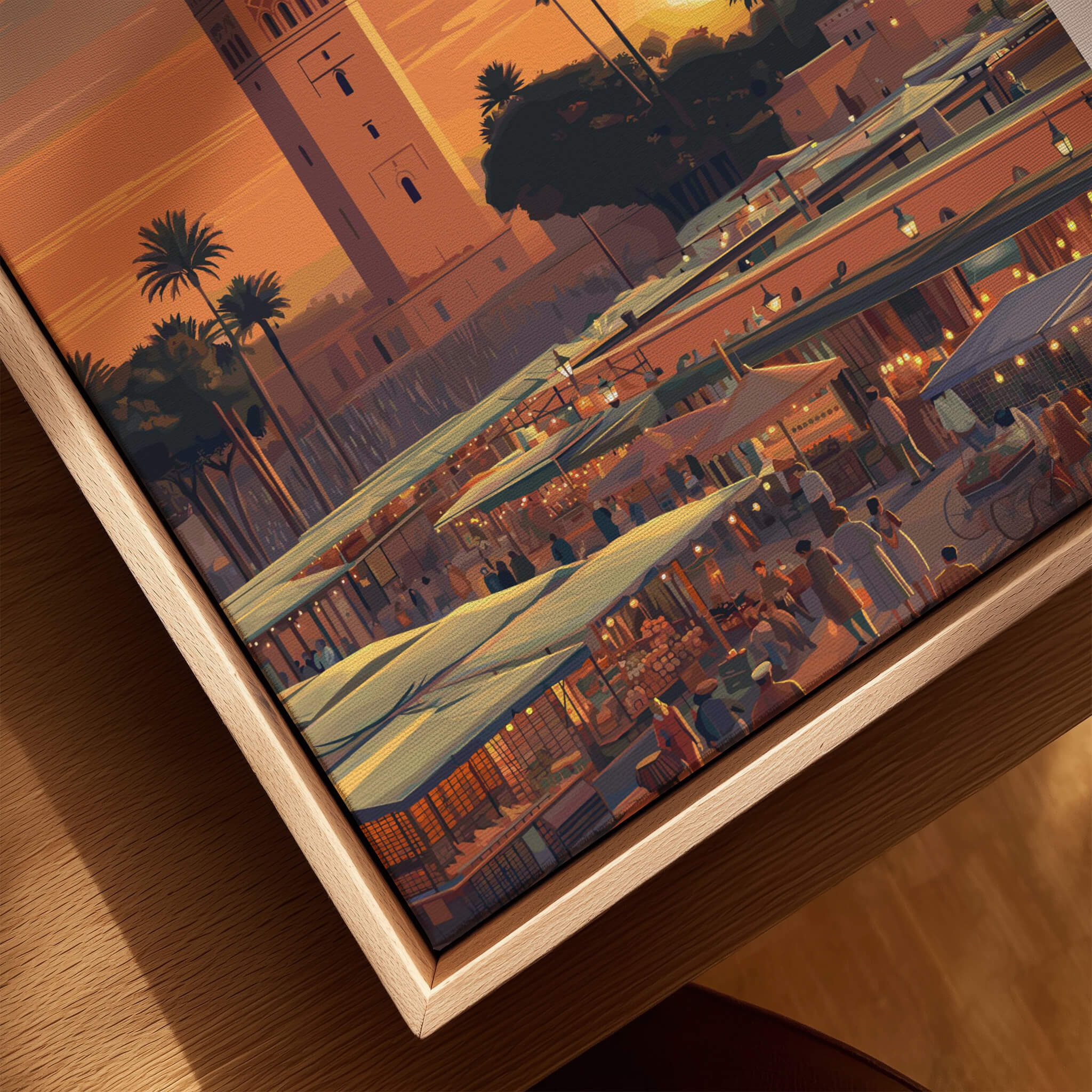 Marrakesh Morocco Travel Poster | Vibrant Souk & Mosque Wall Art Print featuring a bustling market scene at sunset.