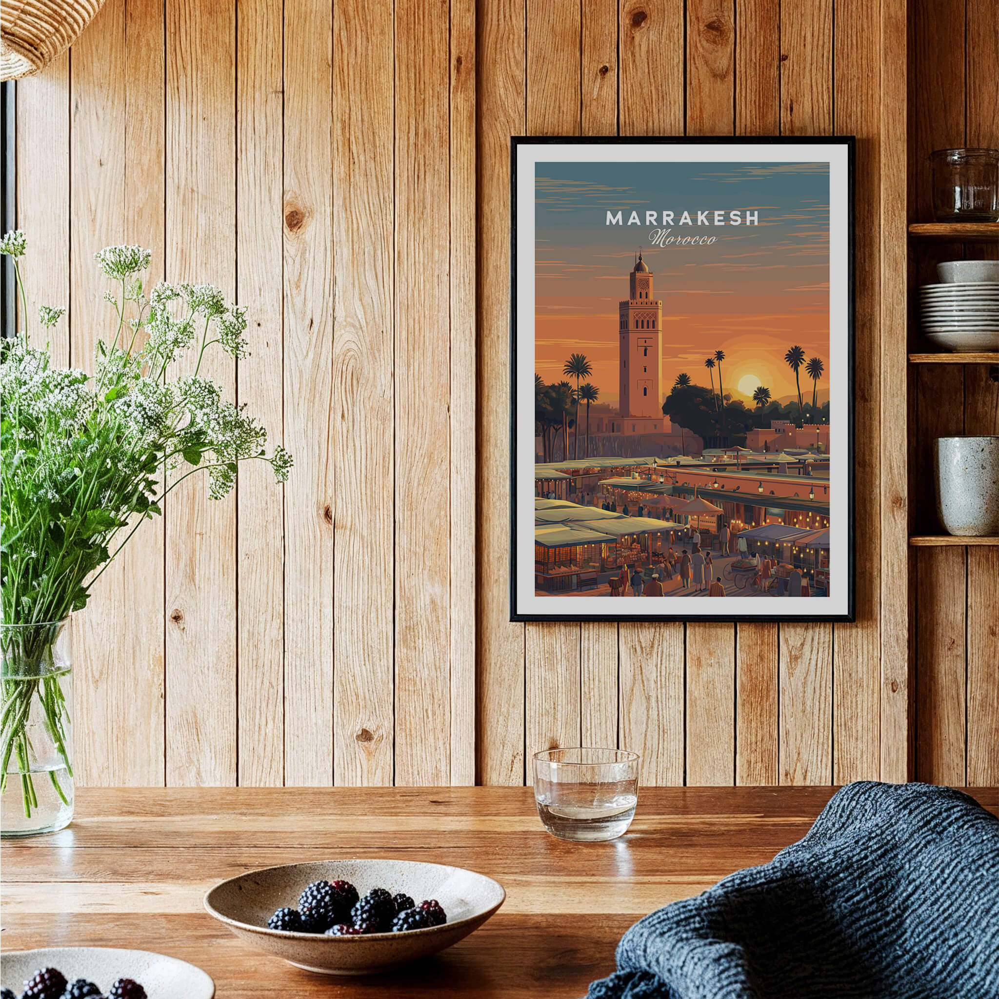 Marrakesh Morocco Travel Poster | Vibrant Souk & Mosque Wall Art Print displayed in a cozy interior with wooden accents.