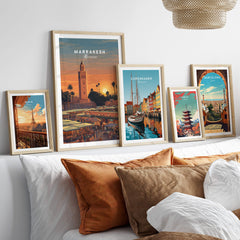 Marrakesh Morocco Travel Poster | Vibrant Souk & Mosque Wall Art Print displayed among other travel posters.