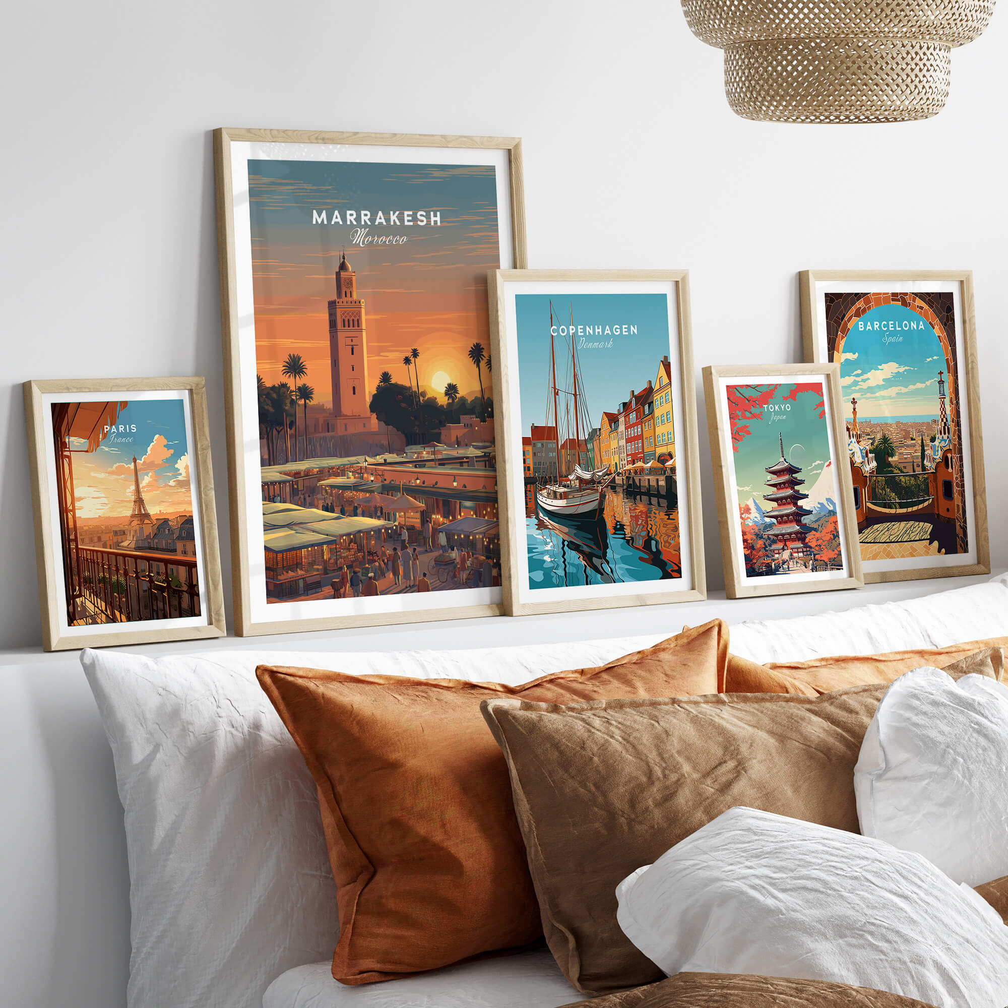 Marrakesh Morocco Travel Poster | Vibrant Souk & Mosque Wall Art Print displayed among other travel posters.