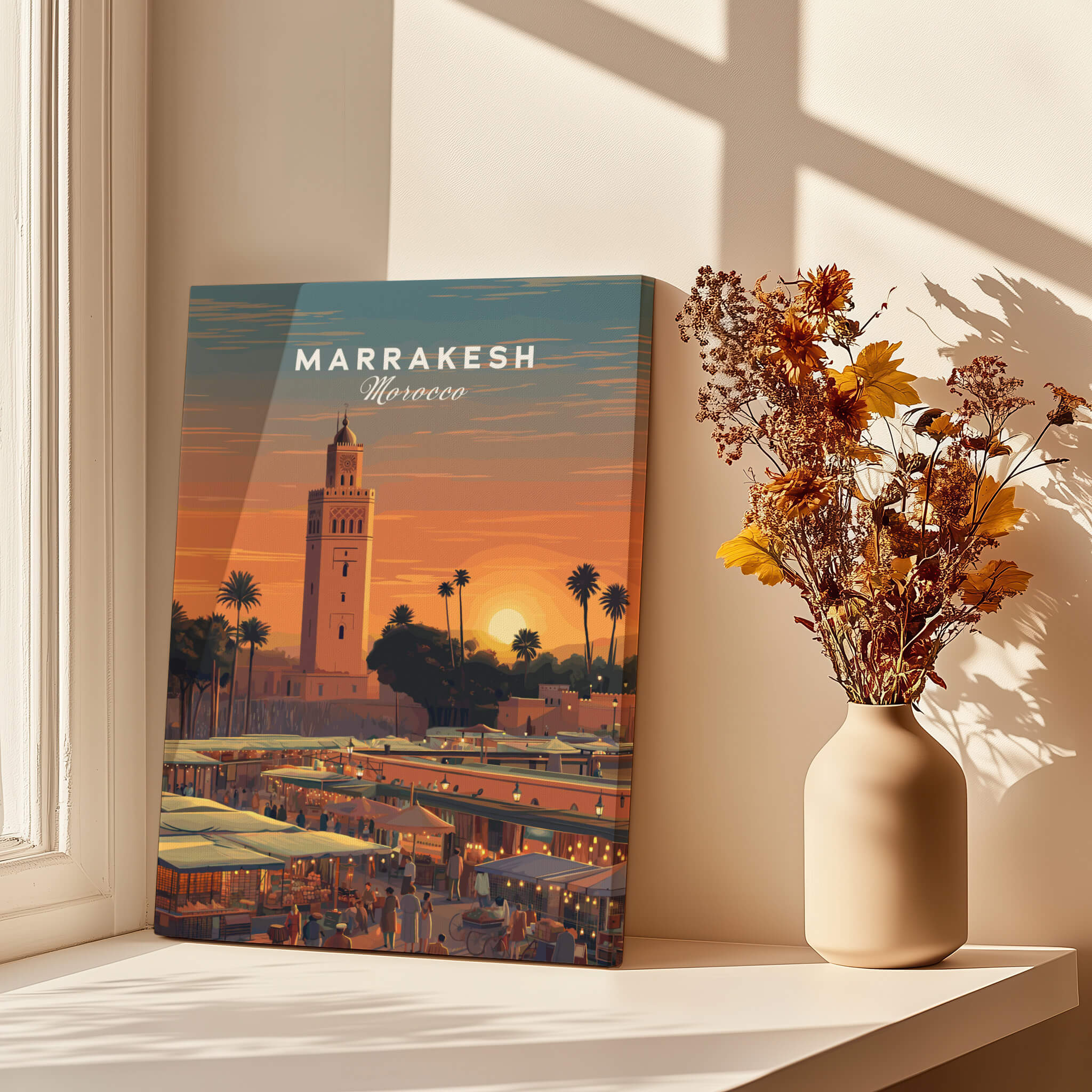 Marrakesh Morocco Travel Poster | Vibrant Souk & Mosque Wall Art Print showcasing the sunset and city life.