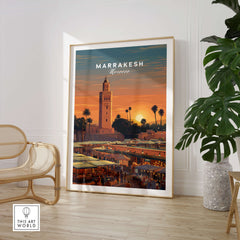 Marrakesh Morocco Travel Poster | Vibrant Souk & Mosque Wall Art Print in a stylish interior setting.