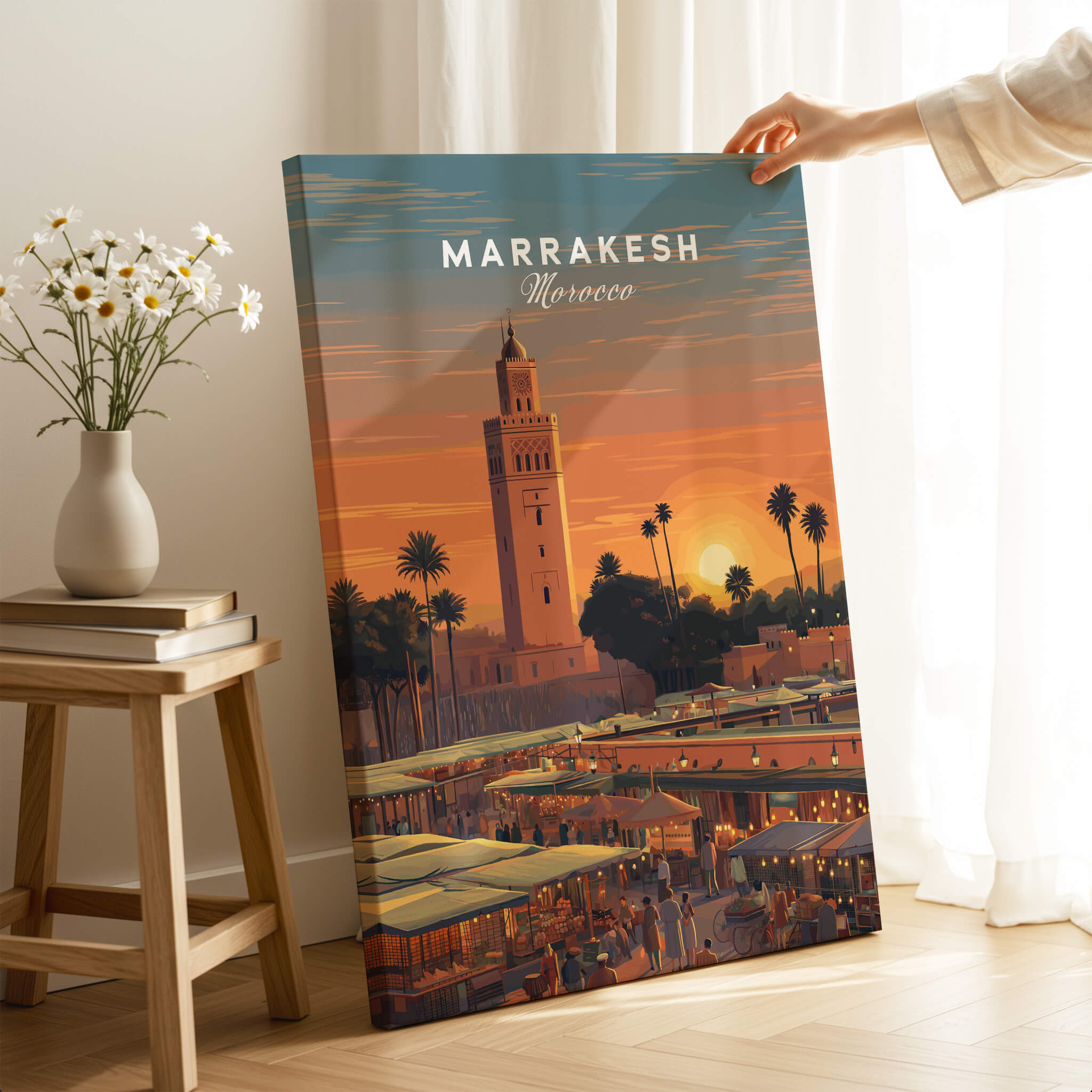 Marrakesh Morocco Travel Poster | Vibrant Souk & Mosque Wall Art Print showcasing the sunset over the iconic mosque and bustling market.