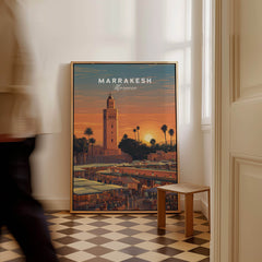 Marrakesh Morocco Travel Poster | Vibrant Souk & Mosque Wall Art Print displayed in a stylish interior.