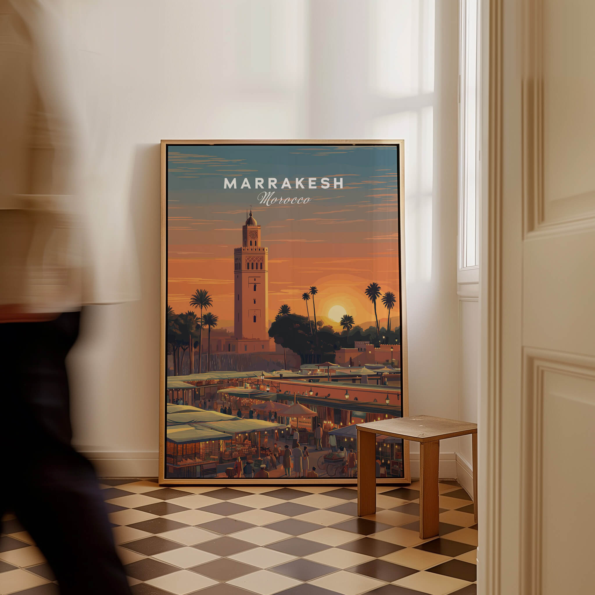Marrakesh Morocco Travel Poster | Vibrant Souk & Mosque Wall Art Print displayed in a stylish interior.
