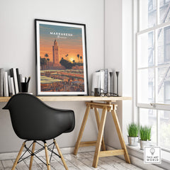 Marrakesh Morocco Travel Poster | Vibrant Souk & Mosque Wall Art Print displayed in a stylish modern workspace.