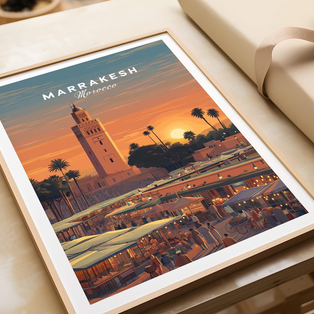 Marrakesh Morocco Travel Poster | Vibrant Souk & Mosque Wall Art Print showing sunset over a vibrant souk in Marrakesh.