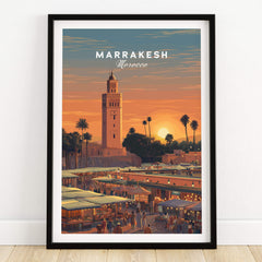 Marrakesh Morocco Travel Poster | Vibrant Souk & Mosque Wall Art Print showcasing a sunset over bustling markets.