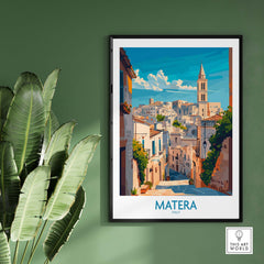 Matera Wall Art depicting the scenic beauty of Matera, Italy, framed on a wall with green decor.