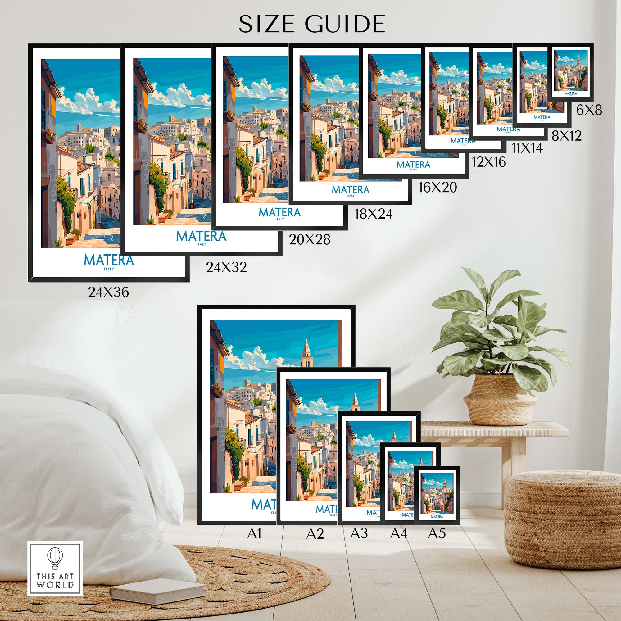 Size guide for Matera Wall Art prints in various dimensions, showcasing stunning travel prints of Matera.