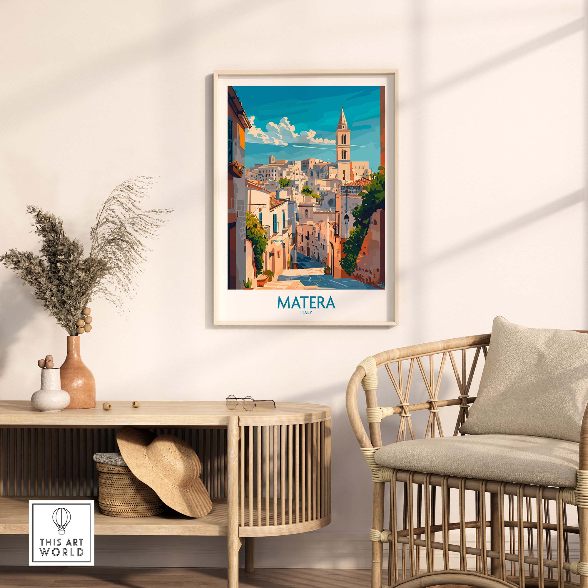 Matera Wall Art featuring a vibrant landscape of Matera in an elegant living space decor.