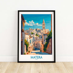 Matera Wall Art featuring a vibrant illustration of Matera, Italy, showcasing its charming streets and architecture.