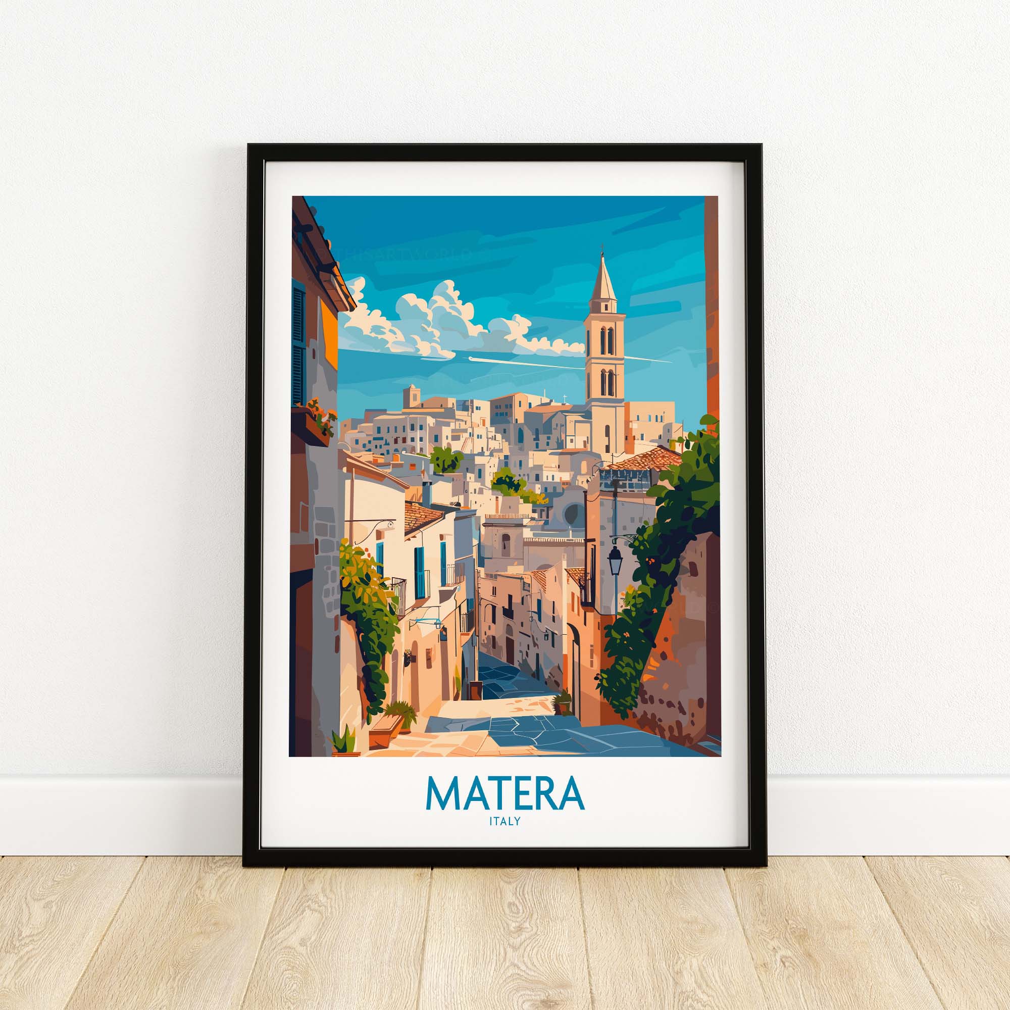 Matera Wall Art featuring a vibrant illustration of Matera, Italy, showcasing its charming streets and architecture.