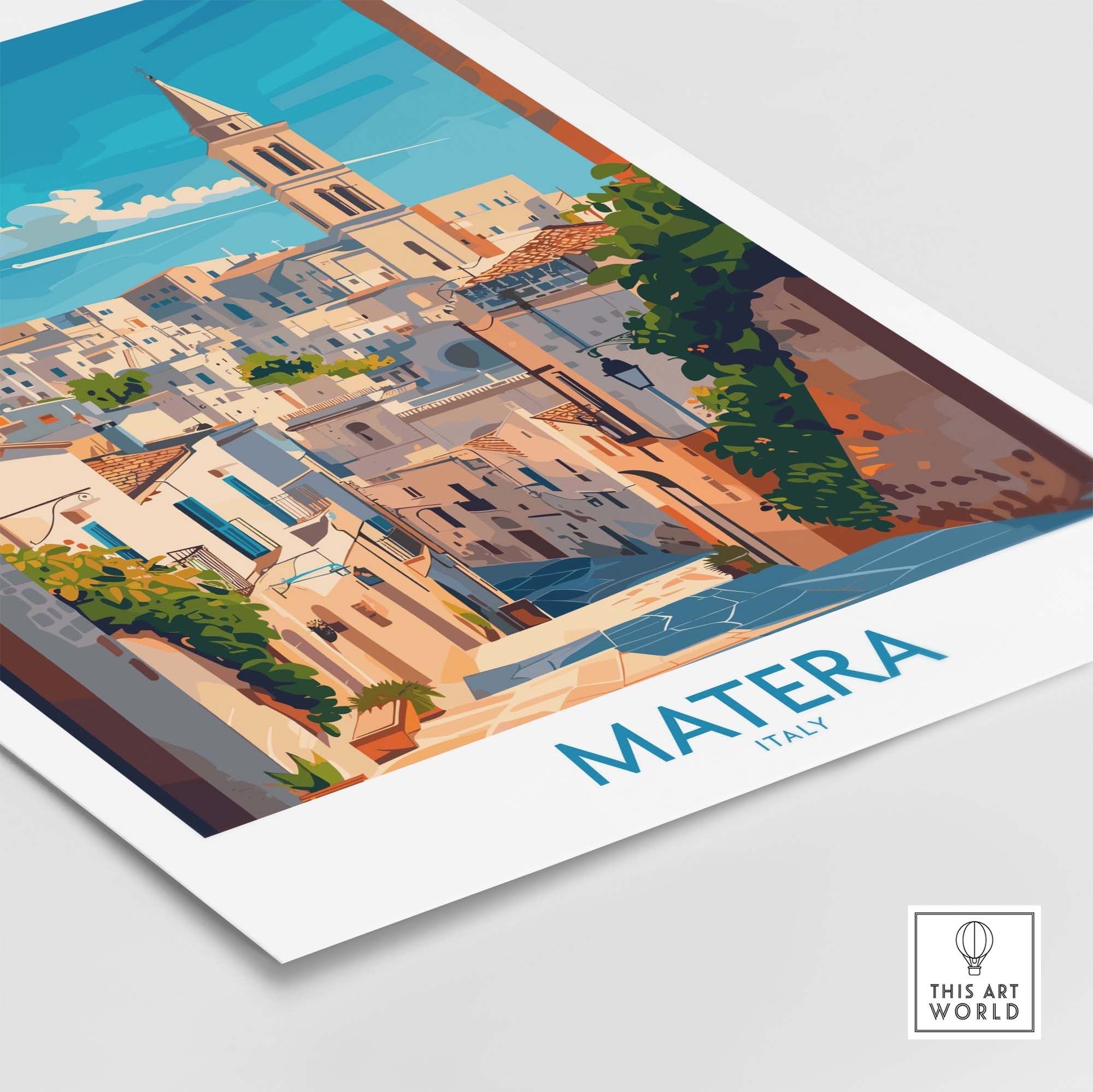Matera Wall Art featuring a vibrant illustration of the Italian city of Matera, showcasing its iconic architecture and landscape.