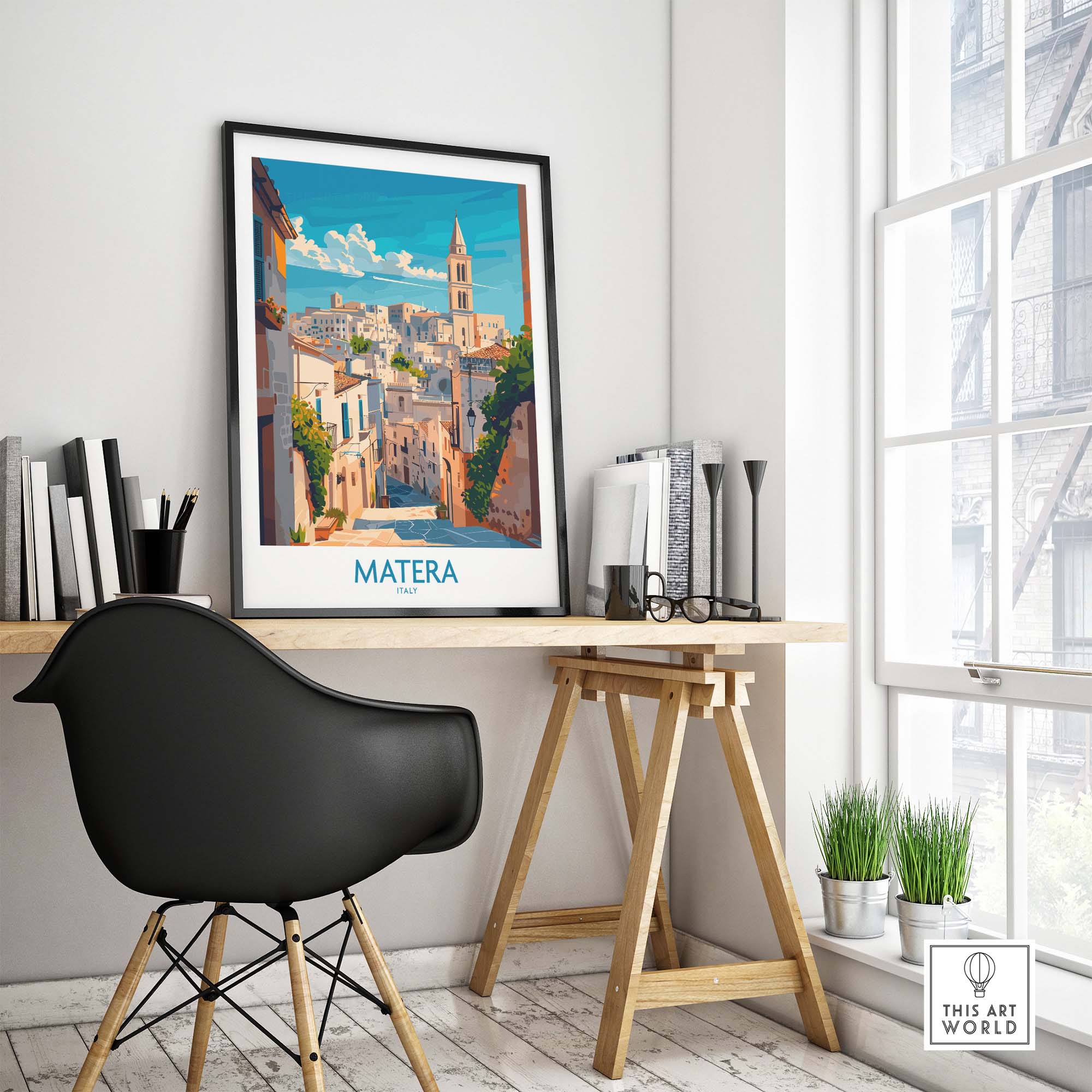 Matera Wall Art featuring a beautiful travel print of Matera mounted in a stylish home office setting.