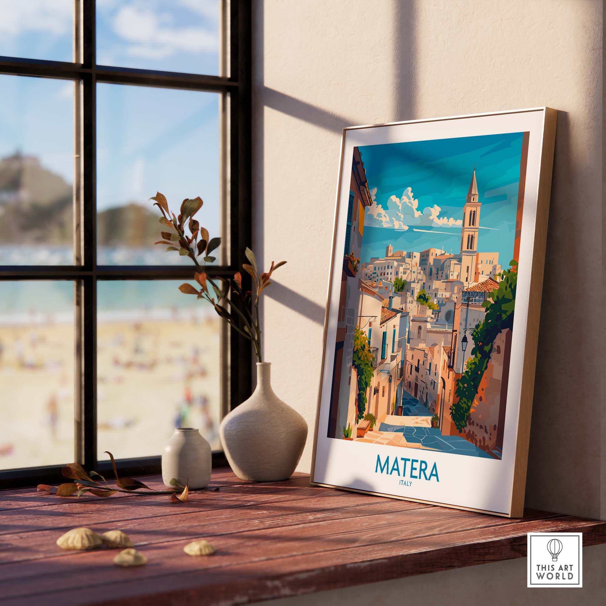 Matera Wall Art featuring a beautiful travel print showcased in a cozy interior setting.