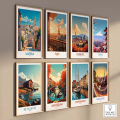 Matera Wall Art featuring travel prints of various cities including Paris, Florence, and Tokyo, enhancing home decor.