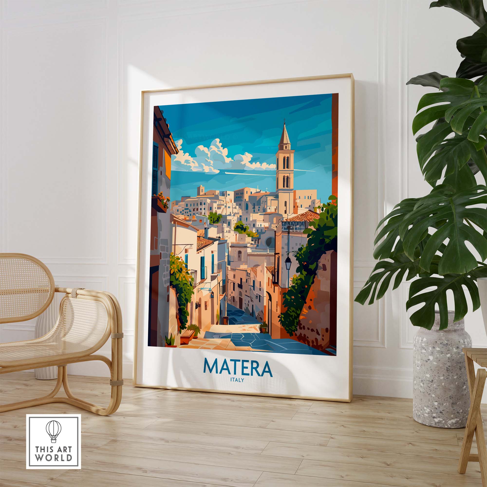 Matera Wall Art featuring a vibrant illustration of Matera, Italy, enhancing modern home decor.