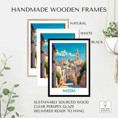Matera Wall Art displayed in handmade wooden frames in natural, white, and black finishes, showcasing beautiful travel prints.