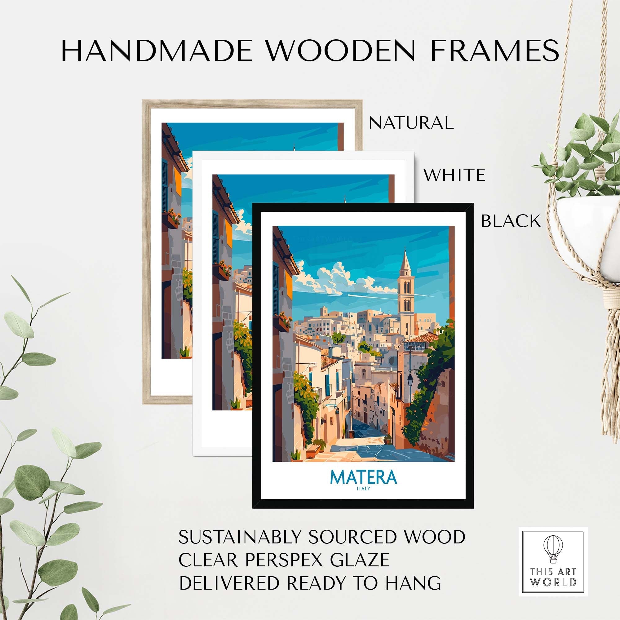 Matera Wall Art displayed in handmade wooden frames in natural, white, and black finishes, showcasing beautiful travel prints.