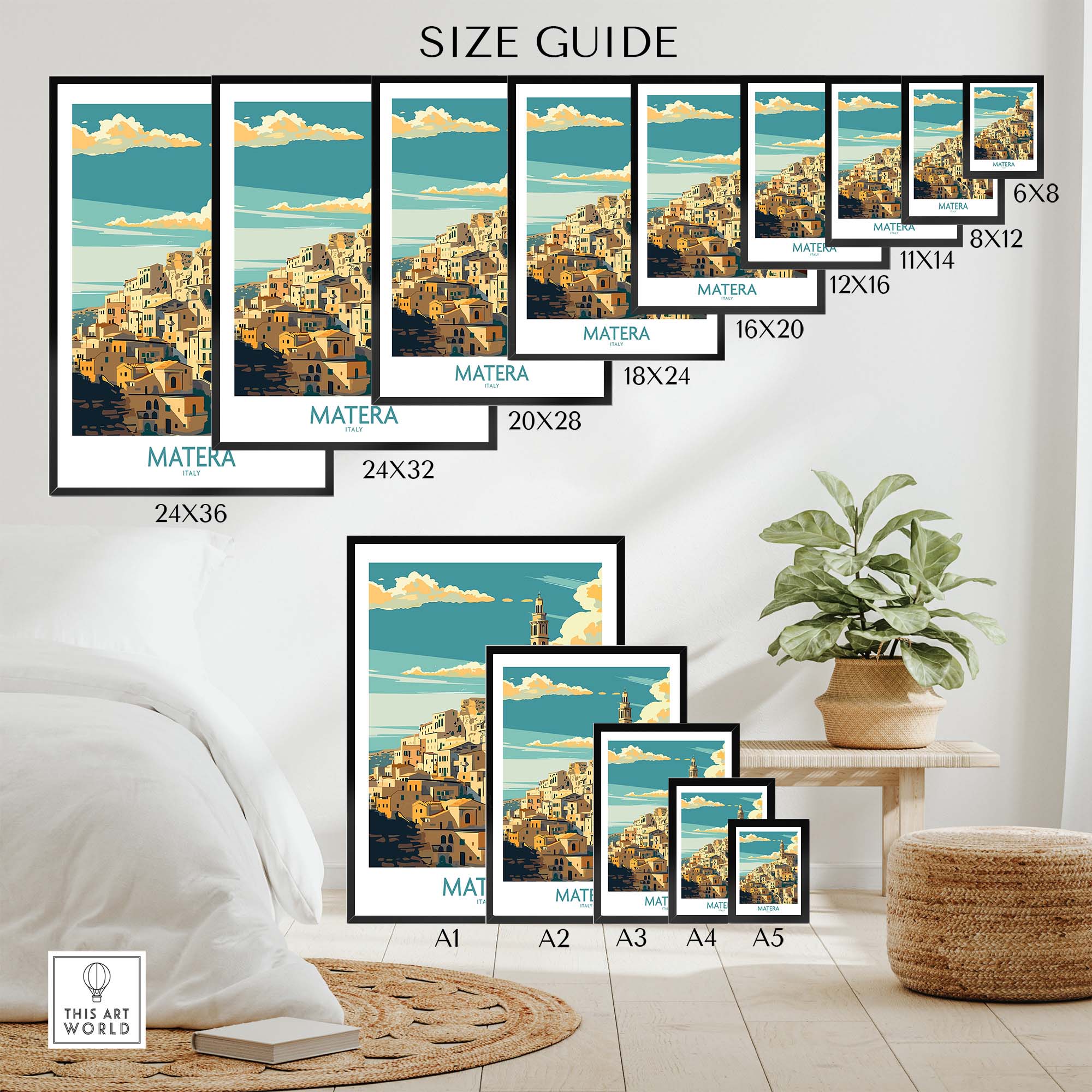 Matera Wall Art - Captivating Travel Prints for an Elevated Home Decor Size Guide displaying various print sizes.